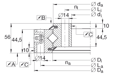 交叉滾子軸承 XSU140644, 標準系列 14， 無齒輪齒，兩側唇密封