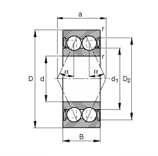 角接觸球軸承 3004-B-2RSR-TVH, 雙列，雙側唇密封，接觸角 α = 25°